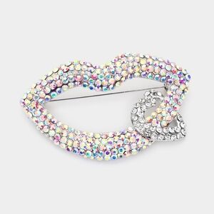 Silver Abalone Rhinestone Crystal Heart Lip Brooch Pin Cute Statement Accessory
